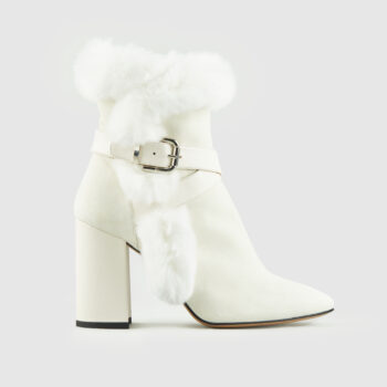 Duzie Inspired Cream Suede Boot With Matching Fur Trim